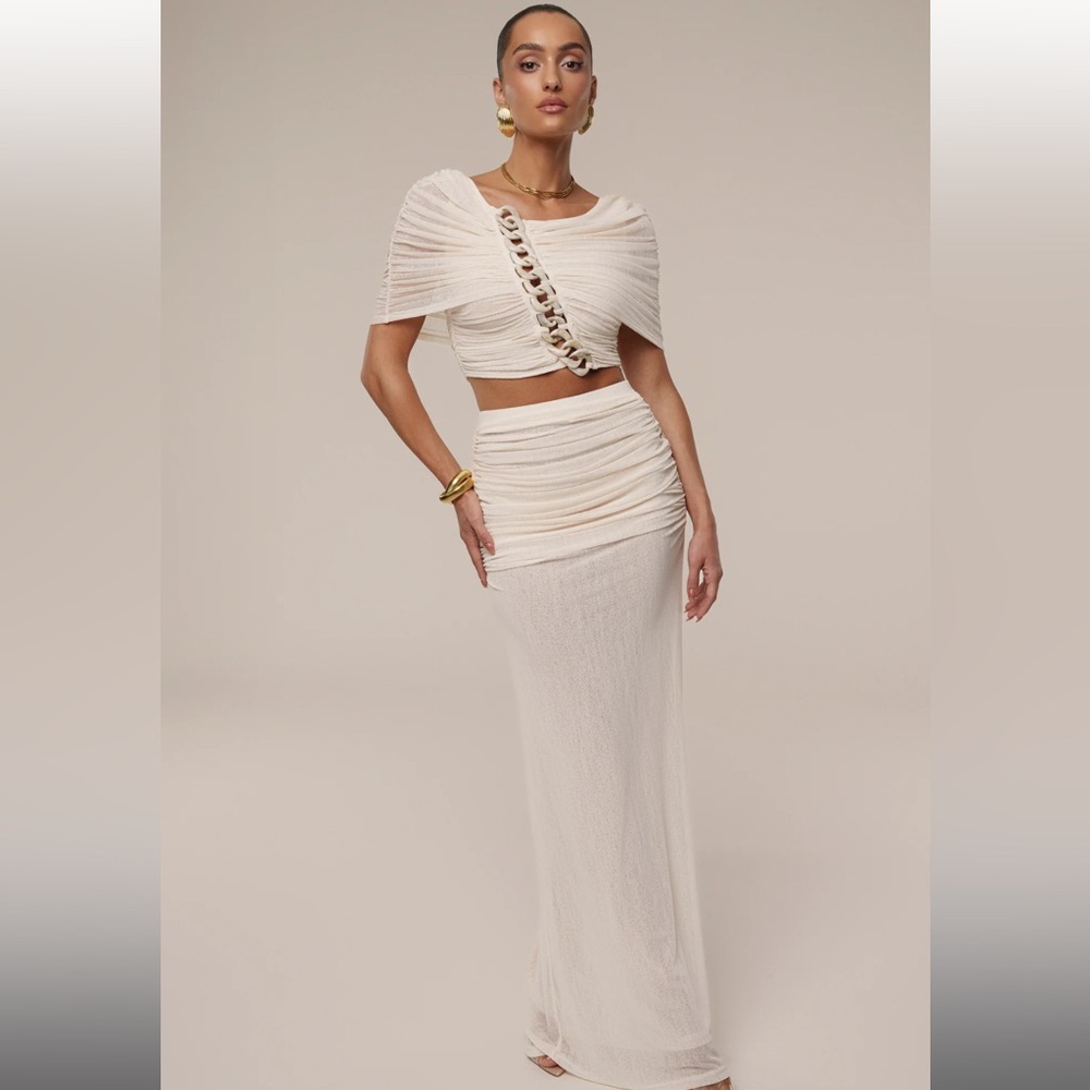 IVORY ELLA RUCHED SKIRT SET Elegant Cream Maxi Dress with Chain Detail JLUXLABEL
